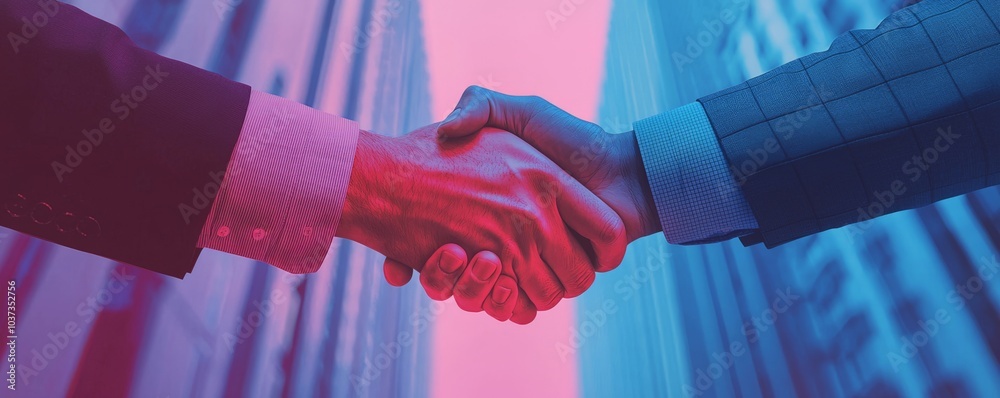 Wall mural a close-up of two hands shaking, symbolizing partnership and cooperation against a backdrop of moder