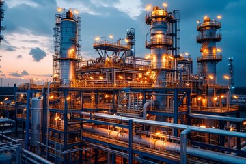 Industrial complex illuminated at dusk with intricate pipelines and towering structures in a vibrant urban setting