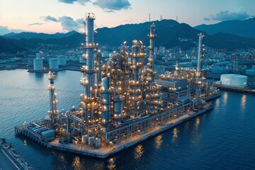 Obraz premium Aerial view of a sprawling industrial oil refinery at dusk highlighting its towering structures and shimmering lights against the mountainous backdrop