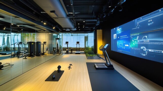 A modern gym with smart equipment and interactive fitness classes displayed on large screens, Fitness innovation theme, Energizing style