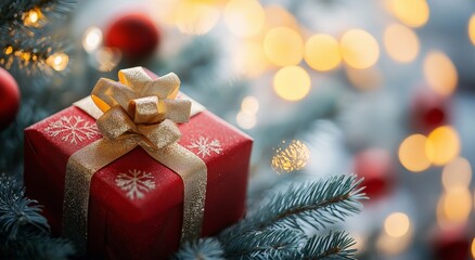 Christmas gifts on wooden table with lights in background