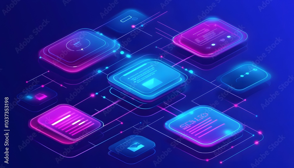 Aufkleber a futuristic digital landscape featuring interconnected processors in vibrant blue and pink hues, sy
