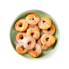 Apple rings fried in batter. Apple donuts - autumn dessert. isolated on white background, top view