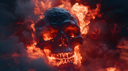 A Breathtaking Hyper Detailed Image of a Flaming Dirty Human Bone Skull Set Against a Profoundly Black Background with Captivating Cinematic Lighting