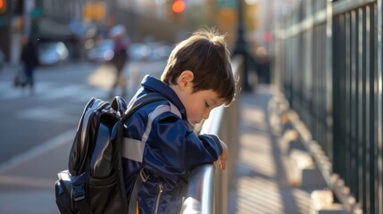 Young Boy Leaning on a Railing in a City Street