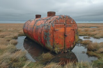 Fototapeta premium Rusty orange storage tank abandoned in a marshy landscape under a cloudy sky