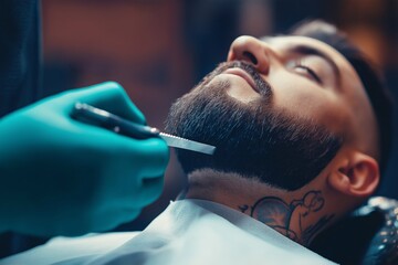 Man receiving a precise beard shave from a barber, close-up of hands holding a razor, modern barbershop environment, attention to detail, selective focus

