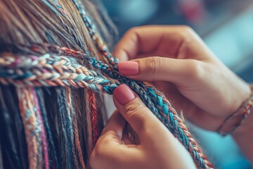 Close-up of hands braiding colorful hair extensions in a salon, intricate braid patterns being formed, focus on textures and details, selective focus

