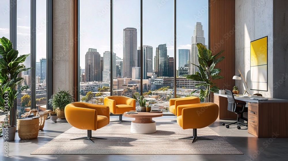 Wall mural Modern Office Interior with City View and Cozy Seating