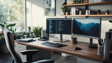 A modern home office with dual monitors, Productive workspace scene, Professional style