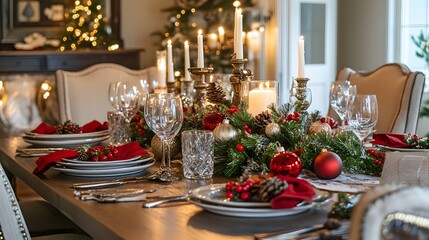 Festive Christmas Table Setting with Candles and Ornaments