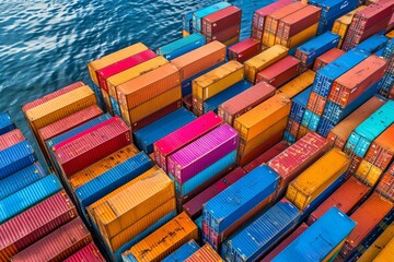 Fototapeta premium Colorful cargo containers stacked at a busy port by the water during daylight hours