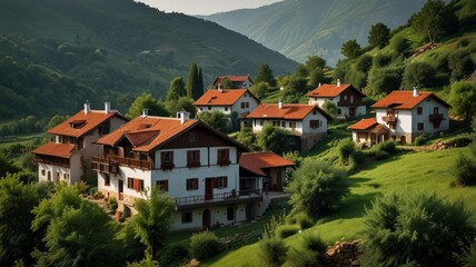 Fototapeta premium A quaint village nestled in a lush green valley, surrounded by mountains.