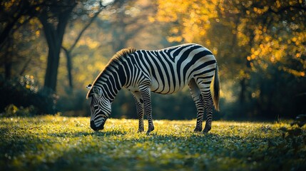 Zebra Grazing in Lush Meadow with Golden Sunlight