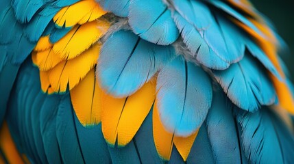 Fototapeta premium Vibrant Turquoise and Yellow Parrot Feathers Close up Texture