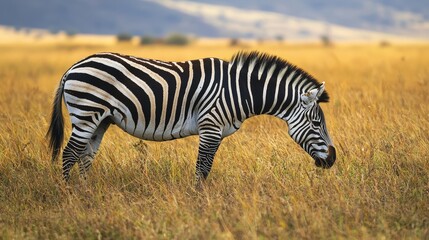 Fototapeta premium Zebra Grazing in Golden Meadow Wildlife Photography African Savanna Stripes Nature