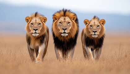 Three lions walking together in a grassland setting.