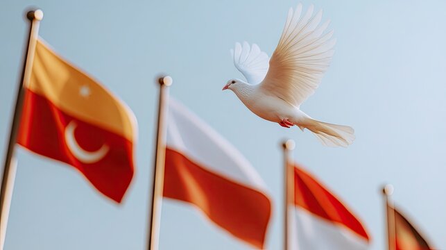 A white dove soars through the sky, framed by vibrant flags symbolizing global unity and peace under a bright blue background