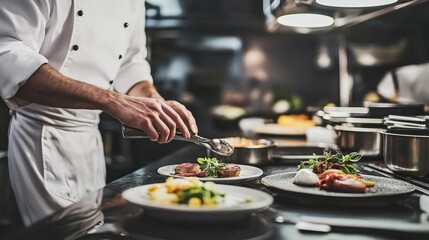 A modern kitchen with a chef preparing a gourmet meal, Kitchen scene, Creative and culinary style