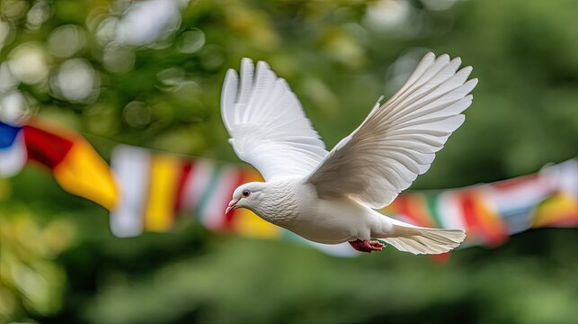 A white dove glides effortlessly through the sky with vibrant international flags fluttering in the background, symbolizing universal peace