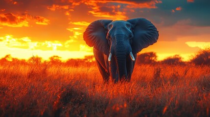 Majestic African Elephant at Sunset in the Savannah