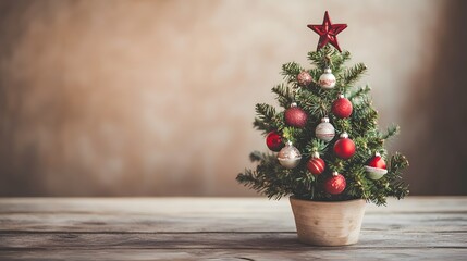 Decorated Miniature Christmas Tree on Wooden Table