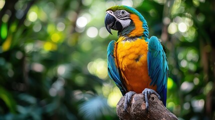 Obraz premium Vibrant Blue and Gold Macaw Perched on a Branch in a Lush Green Forest