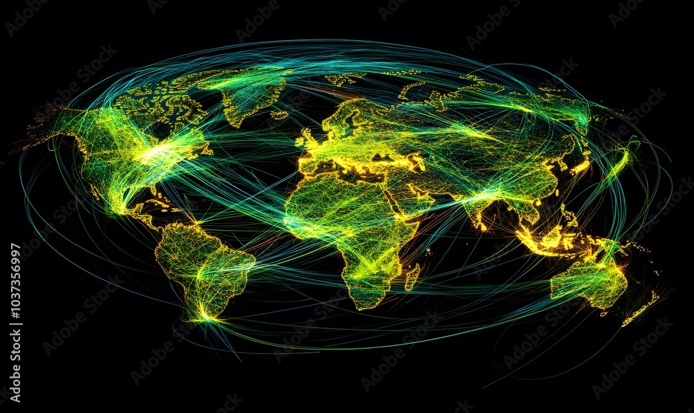 Aufkleber A vibrant, interconnected visualization of the world, showcasing dynamic connections and networks across continents in bright colors.