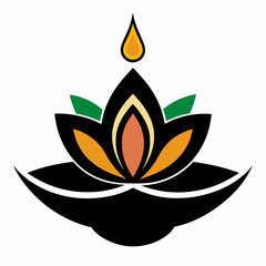 Diwali Diya with lotus flower black vector on a white background