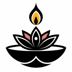 Diwali Diya with lotus flower black vector on a white background