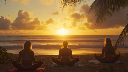 A peaceful yoga session on the beach at sunrise, with participants enjoying the calm.
