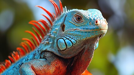 Fototapeta premium Vibrant Blue Iguana with Red Spikes Close Up Reptile Skin Texture