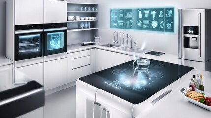 A modern kitchen with a touchless smart faucet, a voice-activated oven, and a refrigerator with a built-in meal planning assistant