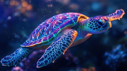 Fototapeta premium Vibrant Sea Turtle Swimming in Blue Ocean with Intricate Shell Patterns