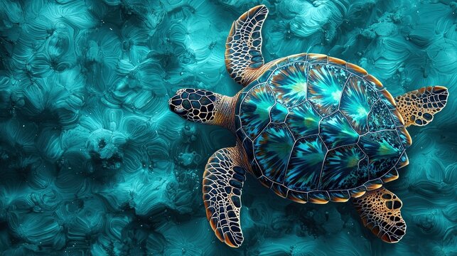 Turquoise Sea Turtle with Intricate Shell Pattern Ocean Wildlife Marine Animal Underwater