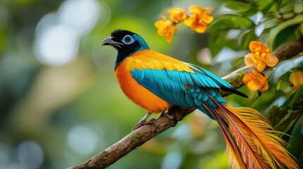 Fototapeta premium Vibrant Paradise Bird with Blue and Orange Feathers Perched on Branch in Jungle