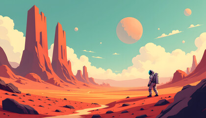 Fototapeta premium Astronaut exploring Mars-like landscape with planets in the sky