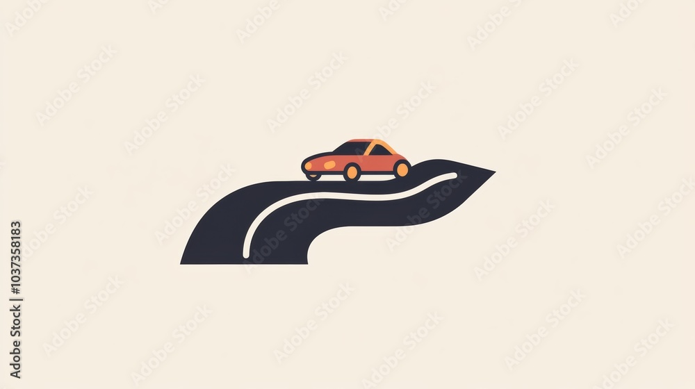 Poster A minimalist car navigates a winding road, illustrating movement through a tranquil landscape setting with simple design elements. Generative AI