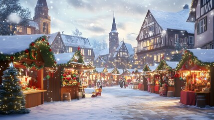 Obraz premium A Snowy Christmas Market in a European Village at Night