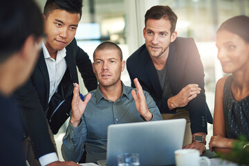 Team, advice and man at laptop with manager, opinion and feedback discussion on sales report....