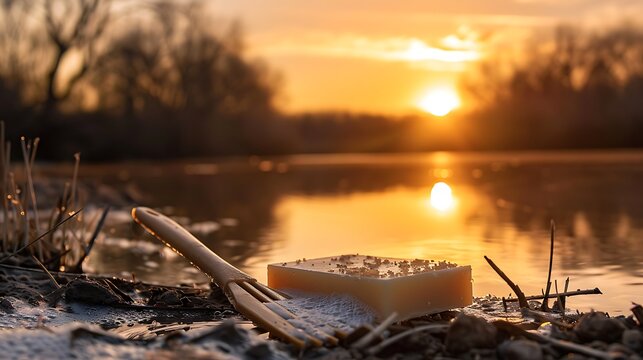A soap bar and rake drifting along a river during a blushing sunset