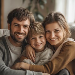 Fototapeta premium Smiling parents and their young child pose happily together on a cozy couch in their living room.
