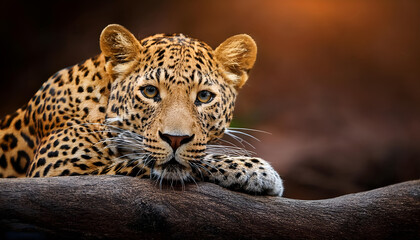 Naklejka premium A stunning leopard lies gracefully on a tree branch, showcasing its captivating spots and piercing gaze. The warm lighting enhances the serene and powerful atmosphere of this beautiful wild animal