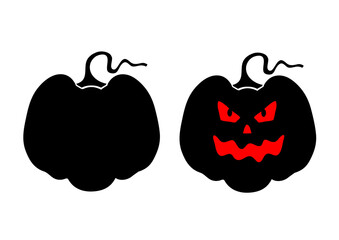 Vector set of black silhouettes of four jack-o lanterns, Halloween pumpkins, isolated on a white background.