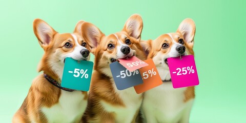 Cute corgis holding discount flyers in their mouths on light green background. Sales holiday, shopping and pet concept. For Black Friday, 11.11. Studio portrait for poster, advertising, card