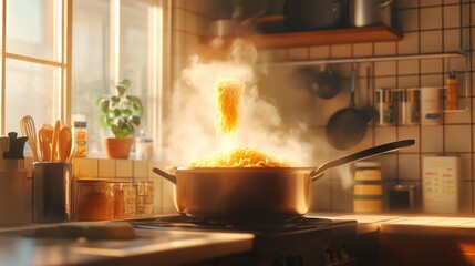 Steaming Pot of Noodles in Cozy Kitchen Setting