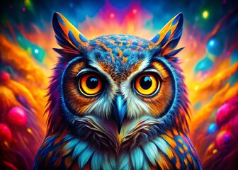 Naklejka premium Psychedelic Owl Portrait in High Dynamic Range with Vibrant Colors and Intricate Patterns