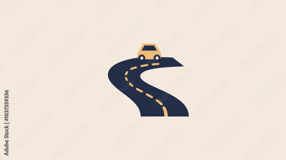 Poster a small, minimalist car navigates a winding road, symbolizing freedom and exploration in a simple ye