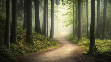 Obraz premium Serene Forest Path with Gentle Light and Mist