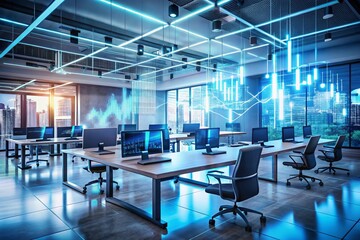 Modern neon cyberpunk open space office interior blurred with information technology overlay. Corporate strategy for finance, operations, marketing. Tables with computers for work. Technology